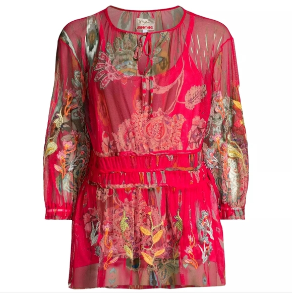 Johnny Was Feather Lark Embroidered Mesh Slip Blouse Size M